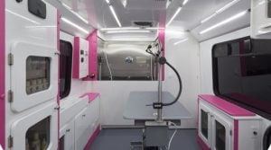 Mobile-Dog Groomers inside the grooming van.