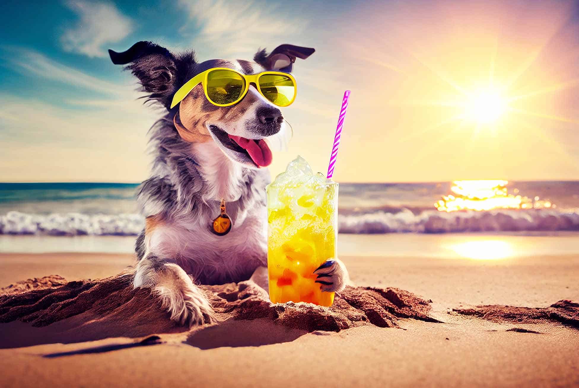 Fun for Dogs Landing Page Dog on beach with mocktail