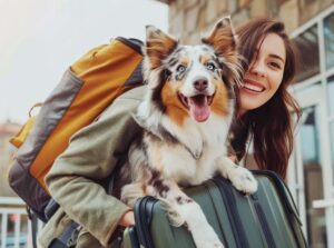 snowbird woman with bags and dog
