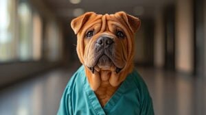 Best Animal Hospitals Fort Lauderdale, brown bully dog with scrubs on looking stoic in hospital setting.