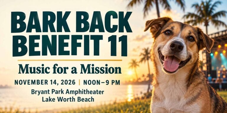 Bark Back Benefit 11 event graphic with a dog, promoting the November 14, 2026, music festival at Bryant Park Amphitheater in Lake Worth Beach.