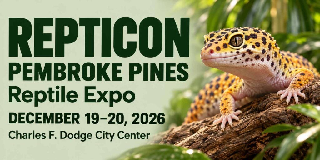 Repticon Pembroke Pines event graphic featuring a leopard gecko, December 19–20, 2026, at Charles F. Dodge City Center.