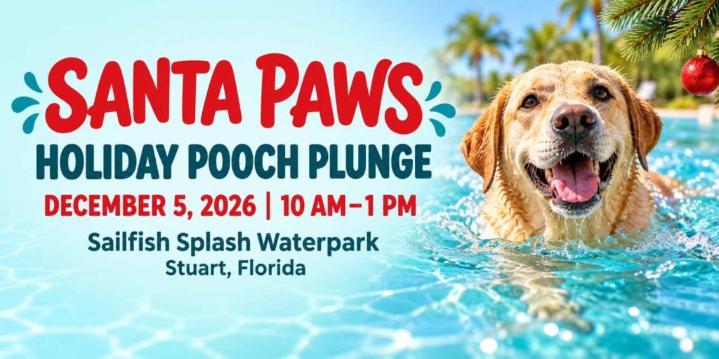 Santa Paws Holiday Pooch Plunge event graphic featuring a swimming dog, December 5, 2026, at Sailfish Splash Waterpark in Stuart.