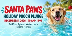 Santa Paws Holiday Pooch Plunge event graphic featuring a swimming dog, December 5, 2026, at Sailfish Splash Waterpark in Stuart.