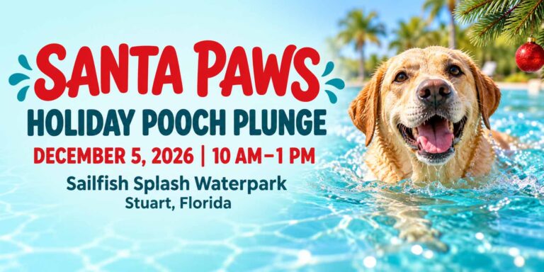 Santa Paws Holiday Pooch Plunge event graphic featuring a swimming dog, December 5, 2026, at Sailfish Splash Waterpark in Stuart.