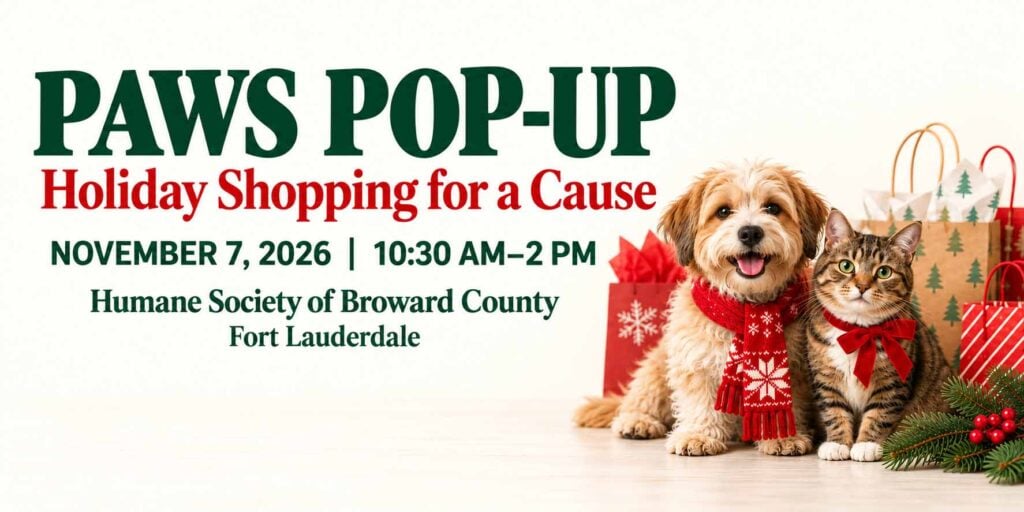 Paws Pop-Up holiday shopping event in Fort Lauderdale, November 7, 2026, with a dog, cat and holiday gift bags.