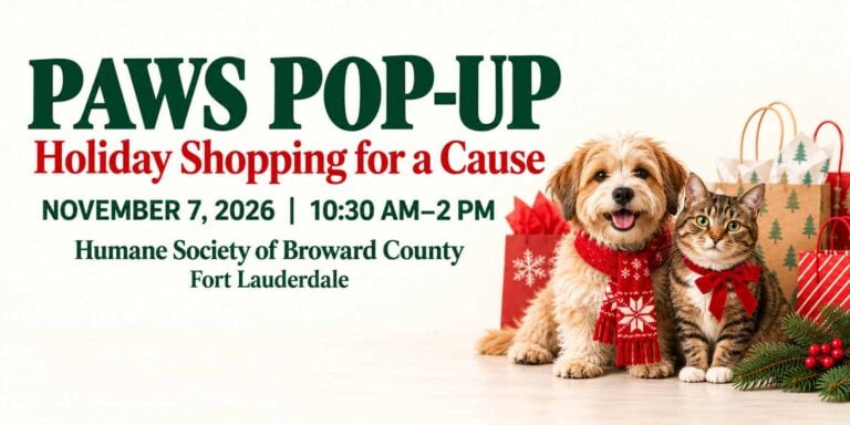 Paws Pop-Up holiday shopping event in Fort Lauderdale, November 7, 2026, with a dog, cat and holiday gift bags.
