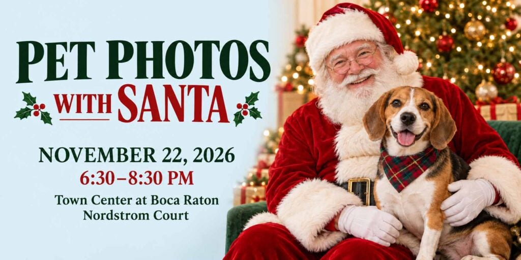 Santa posing with a beagle in a holiday graphic for Pet Photos with Santa at Town Center at Boca Raton on November 22, 2026.
