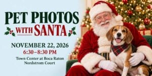 Santa posing with a beagle in a holiday graphic for Pet Photos with Santa at Town Center at Boca Raton on November 22, 2026.