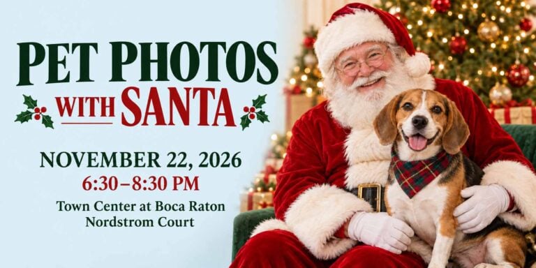 Santa posing with a beagle in a holiday graphic for Pet Photos with Santa at Town Center at Boca Raton on November 22, 2026.